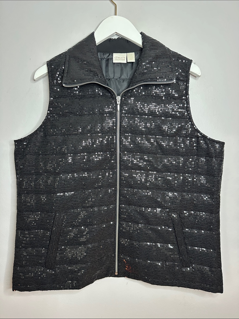 Chico's Black Sequin Zip Vest size L